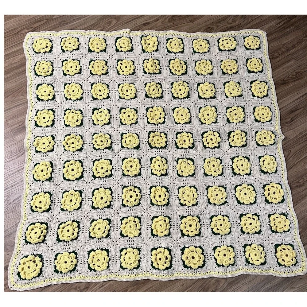 Vintage Handmade Crochet Floral Granny Square Afghan Throw Blanket Yellow Cream